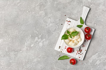 Small balls mozzarella cheese with Cherry tomatoes and basil