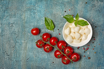 Small balls mozzarella cheese with Cherry tomatoes and basil