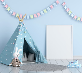 Blank photo frame for mockup in children room, 3D rendering © wuttichai1983