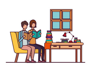 men with book in hands in living room