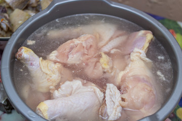 raw chicken meat in a bowl with water,defrost chicken legs in water, cook chicken meat
