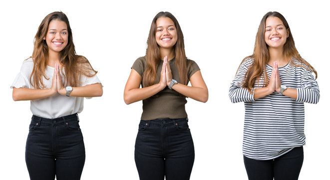 Collage of beautiful young woman over isolated background praying with hands together asking for forgiveness smiling confident.