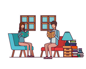 Fototapeta premium couple with book in hands in living room