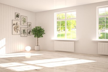 Stylish empty room in white color with summer landscape in window. Scandinavian interior design. 3D illustration