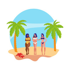 young interracial girls group on the beach summer scene