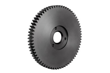 Plastic, black gear with 68 sprockets, isolated on a white background with a clipping path.