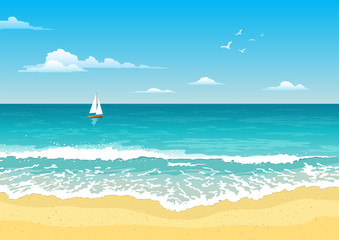 Seascape with waves, cloudy sky and seagulls. Yacht on the horizon. Tourism and travelling. Vector design