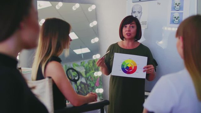 Master class of make-up. Makeup artist teacher speaking to the class in a beauty studio and showing how to mix colors