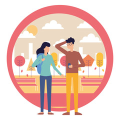 man using smartphone and woman with bag city park