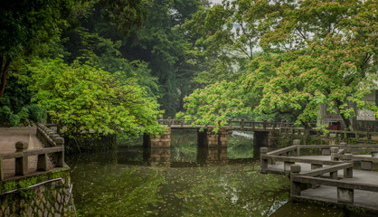 Fototapeta na wymiar Traditional Chinese bridge on a small water canal in a park in Wenzhou in China