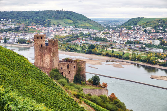 View from a tourist route on Hessen Land to the Ruine Burg Ehrenfels on the river Rhine with Bingen am Rhein on the other side