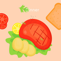Delicious dinner with steak and potato. Isolated cartoon dishes. Doodle color illustration of food for the day