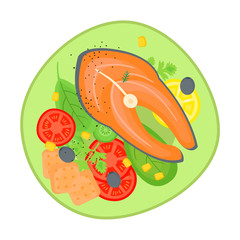 Supper with fish and fresh salad on the plate. Isolated cartoon dishes. Doodle color illustration of food for the day