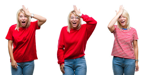 Collage of beautiful blonde woman wearing casual red over isolated background surprised with hand...