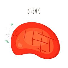 Succulent steak. Isolated cartoon dishes. Doodle color set of ingredients and products for cooking