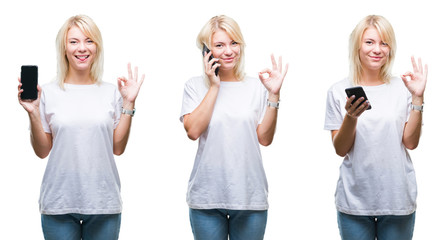 Collage of beautiful blonde woman using smartphone over isolated background doing ok sign with fingers, excellent symbol