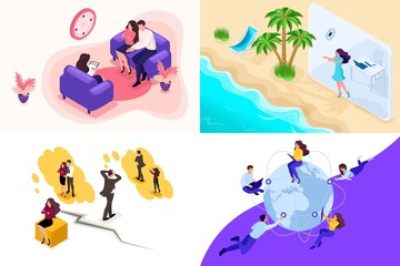 Set Isometric concept family psychology and conflicts, vacation, freelance. To create web applications
