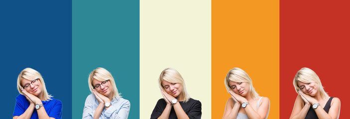 Obraz premium Collage of beautiful blonde woman over colorful vintage isolated background sleeping tired dreaming and posing with hands together while smiling with closed eyes.
