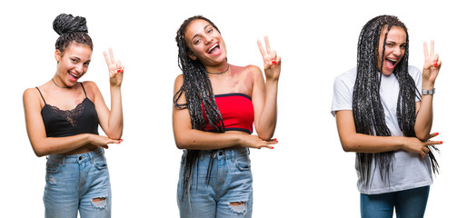 Collage of beautiful braided hair african american woman with birth mark over isolated background smiling with happy face winking at the camera doing victory sign. Number two.