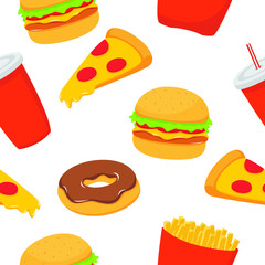 Vector seamless pattern with tasty fast food illustration. Fast food seamless pattern. Nice fastfood pattern for textile, cafe and restaurant wrapping paper, covers, banners, background, wallpaper