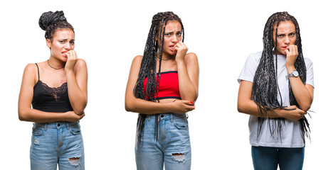 Collage of beautiful braided hair african american woman with birth mark over isolated background looking stressed and nervous with hands on mouth biting nails. Anxiety problem.