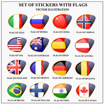 Bright set of stickers with flags. Colorful illustration with flags of the world for web design. Vector illustration with white background.