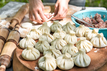 Making khinkali Georgian food Caucasian dishes