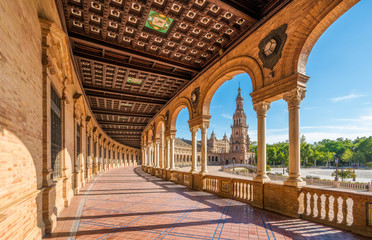 The beautiful Plaza de Espana in Seville. Andalusia, Spain. - obrazy, fototapety, plakaty