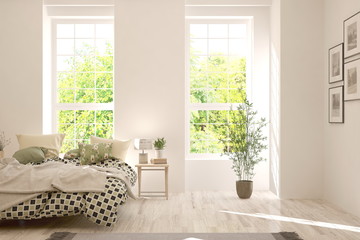 Stylish bedroom in white color. Scandinavian interior design. 3D illustration