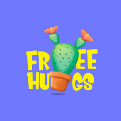 Naklejka premium Free hugs text and cartoon green cactus in pot isolated on violet background. funny houseplant icon with quote or slogan for print on tee. International free hugs day concept