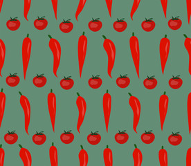Vector seamless pattern with chilli pepper and tomatoes.
