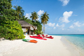 Summer vacation on a tropical island with beautiful beach and palm trees