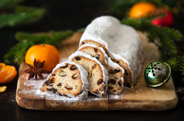 Christmas traditional fruit bread stollen, front view