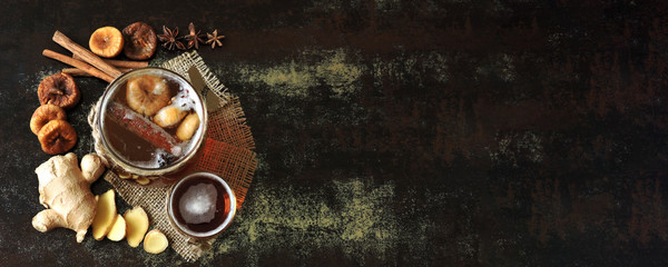 Banner. Homemade kombucha with ginger and cinnamon. Recipe cooking kombucha. Fermented beverages....