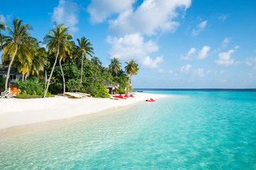 Fototapeta na wymiar Summer vacation on a tropical island with beautiful beach and palm trees
