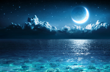 Romantic Moon On Sea In Magic Night - obrazy, fototapety, plakaty