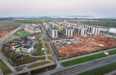 Innopolis city, Tatarstan, Russia. Flight over the city