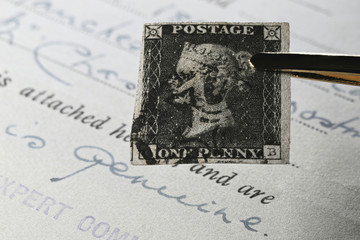 Plate 5 Penny Black with black Manchester cross cancellation. It is the world's first adhesive postage stamp.