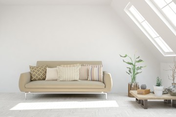 Stylish room in white color with sofa. Scandinavian interior design. 3D illustration