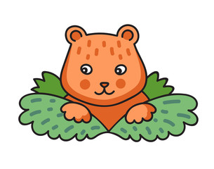 Cute bear in the forest. Kawaii cartoon character. Vector illustration.