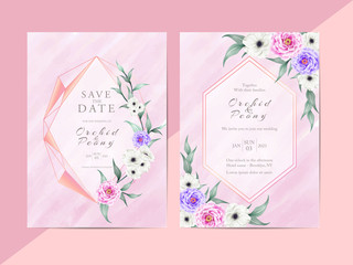 Elegant Wedding Invitation Set of Floral Geometric Frame. Garden Cards Template with Watercolor Background. Modern Poster of Flowers