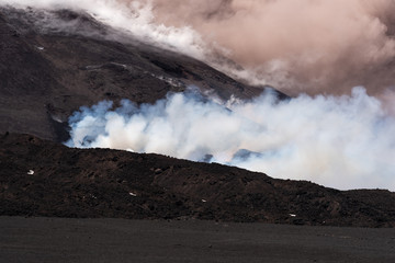Mount Etna Volcano Erupts, Volcanic Ash Clouds & Steam Eruption. Catania, Sicily, May 2019