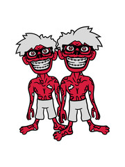 team 2 freunde paar party crew gruselig hornbrille nerd zombie geek monster horror halloween zahnspange lustig grinsen schlau freak intelligent gehirn comic cartoon clipart design