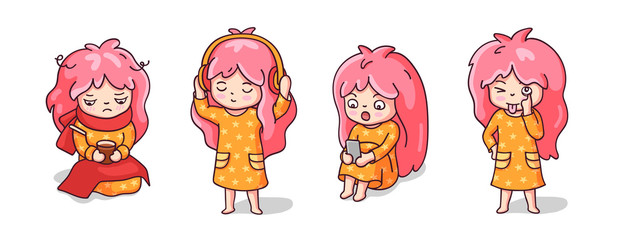 Little funny girls in orange pajamas. Girls listening to music, making faces, shocked and sick. Cartoon characters for emoji, pins, stickers, badges, patches, prints. Vector illustration