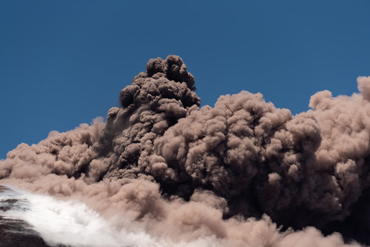 Mount Etna Volcano Erupts, Volcanic Ash Clouds & Steam Eruption. Catania, Sicily, May 2019