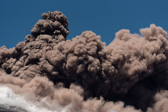 Mount Etna Volcano Erupts, Volcanic Ash Clouds & Steam Eruption. Catania, Sicily, May 2019