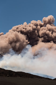 Mount Etna Volcano Erupts, Volcanic Ash Clouds & Steam Eruption. Catania, Sicily, May 2019