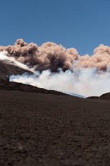 Mount Etna Volcano Erupts, Volcanic Ash Clouds & Steam Eruption. Catania, Sicily, May 2019