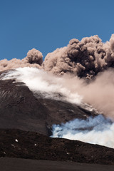 Mount Etna Volcano Erupts, Volcanic Ash Clouds & Steam Eruption. Catania, Sicily, May 2019