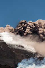 Mount Etna Volcano Erupts, Volcanic Ash Clouds & Steam Eruption. Catania, Sicily, May 2019